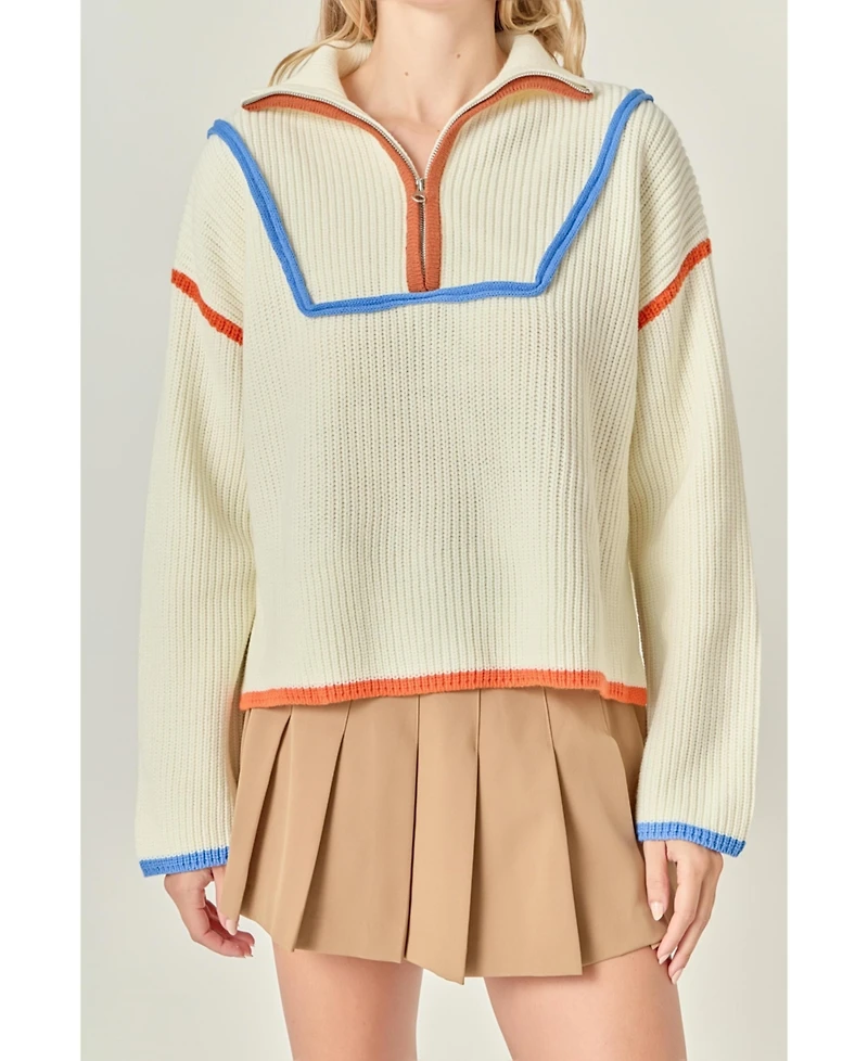 English Factory Women's Contrast Piping Quarter Zip Sweater