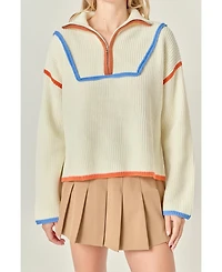 English Factory Women's Contrast Piping Quarter Zip Sweater
