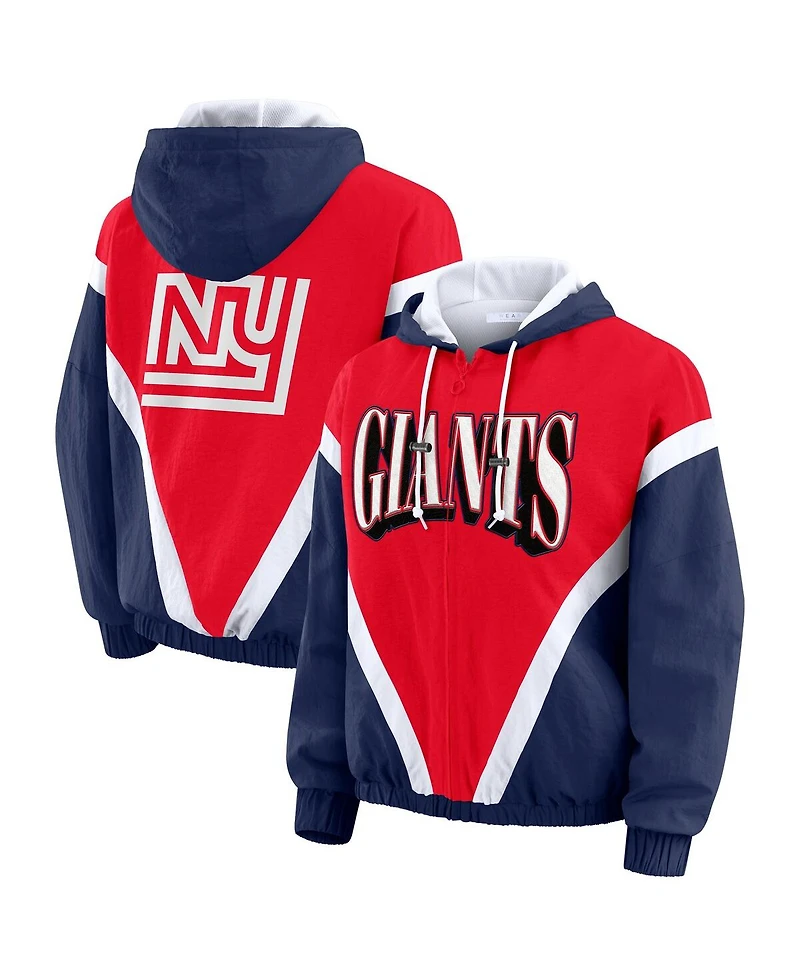 Wear by Erin Andrews Women's Red/Royal New York Giants Retro Crinkle Full-Zip Hoodie Windbreaker