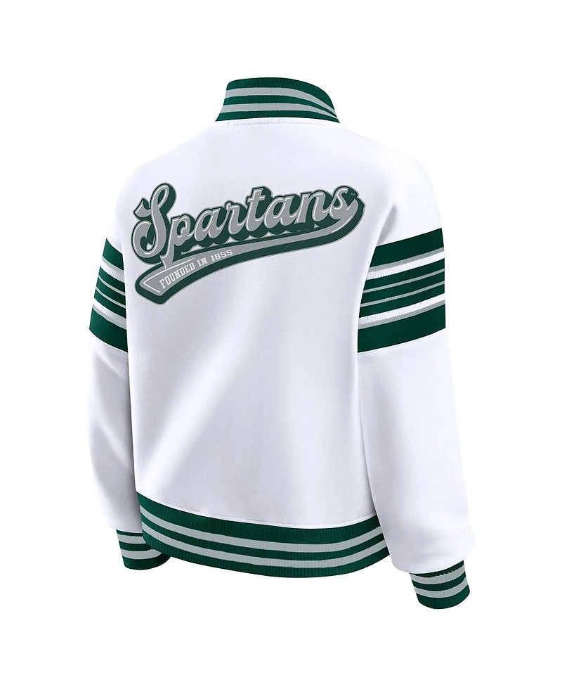 Wear by Erin Andrews Women's White/Green Michigan State Spartans Satin Stitch Full-Snap Fleece Sweatshirt Jacket