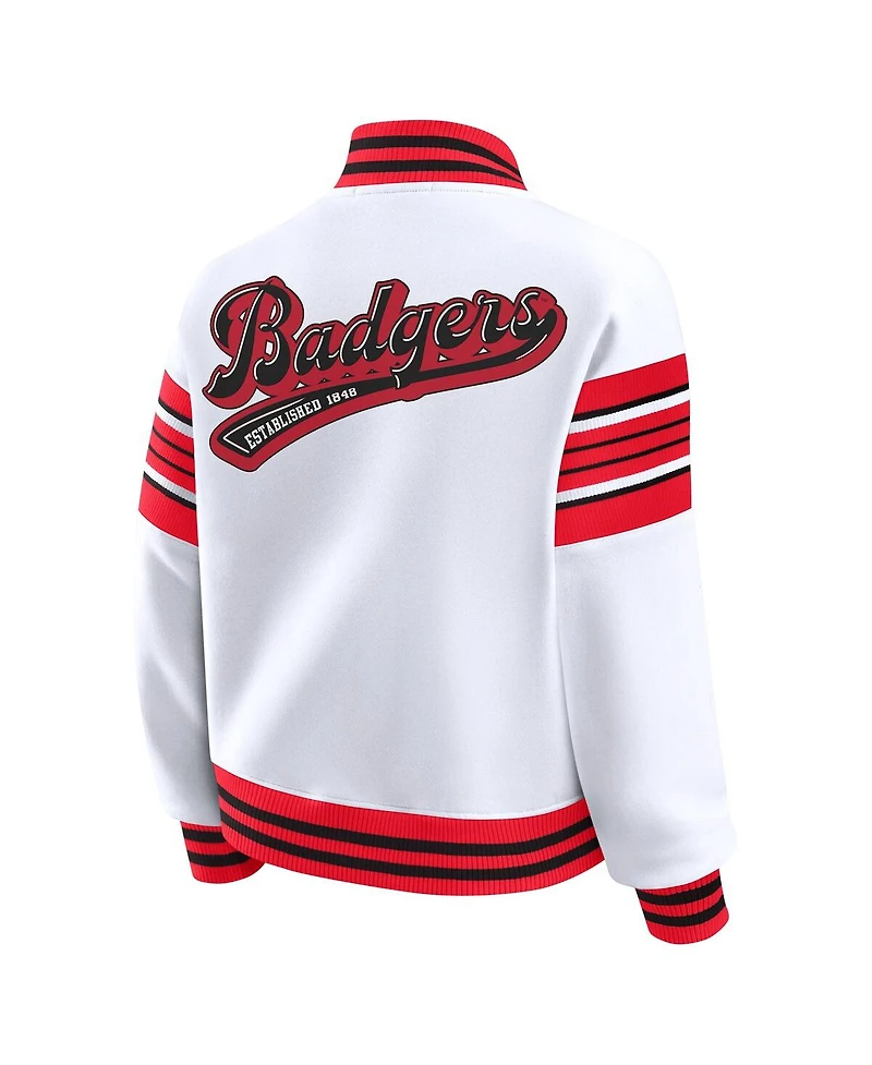 Wear by Erin Andrews Women's White/Red Wisconsin Badgers Satin Stitch Full-Snap Fleece Sweatshirt Jacket