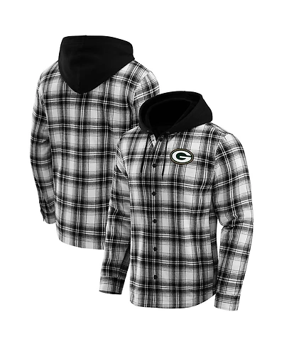 Darius Rucker Collection by Fanatics Men's Black Green Bay Packers Plaid Flannel Quilted Full-Snap Hooded Shacket