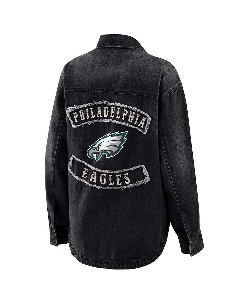 Wear by Erin Andrews Women's Black Philadelphia Eagles Washed Oversized Denim Full-Snap Shacket