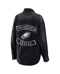 Wear by Erin Andrews Women's Black Philadelphia Eagles Washed Oversized Denim Full-Snap Shacket