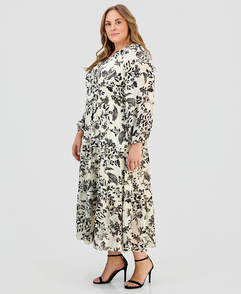 Anne Klein Plus Printed Tie-Neck Tiered Maxi Dress