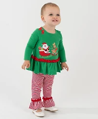 Rare Editions Baby Girl 2-Piece Santa Sleigh Top and Striped Leggings Set