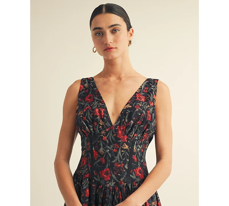 Arose Studio, Inc Women's V-Neck Detailed Floral Printed Maxi Dress