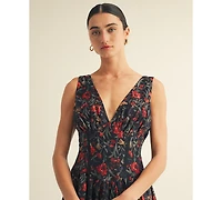 Arose Studio, Inc Women's V-Neck Detailed Floral Printed Maxi Dress