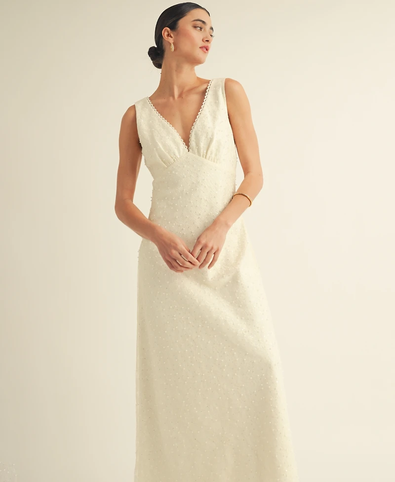 Arose Studio, Inc Women's V-Neck Scalloped Lace Tie-Back Slip Midi Dress