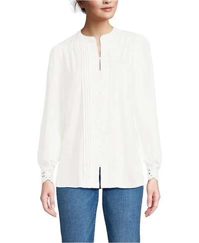 Lands' End Women's Petite Lightweight Jersey Long Sleeve Button Front Pintuck Top