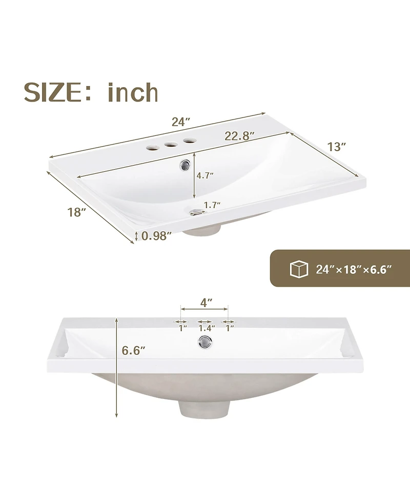 Casainc 24" Bathroom Vanity Top Only with Basin, 3-Faucet Holes, 4" Faucet Compatible, Ceramic
