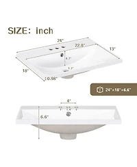 Casainc 24" Bathroom Vanity Top Only with Basin, 3-Faucet Holes, 4" Faucet Compatible, Ceramic