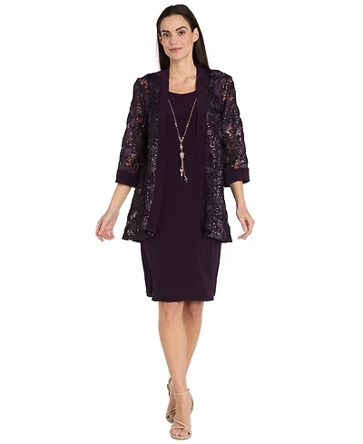 R & M Richards Petite 2-Piece Embroidered and Sequin Cutout Jacket with Tank Dress