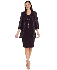 R & M Richards Petite 2-Piece Embroidered and Sequin Cutout Jacket with Tank Dress