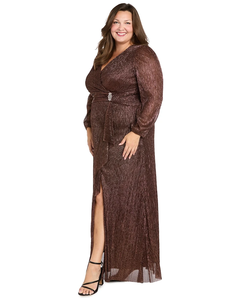R & M Richards Plus Crinkle Pleated Long Sleeve Ruffle Cascade Dress