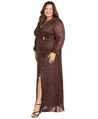 R & M Richards Plus Crinkle Pleated Long Sleeve Ruffle Cascade Dress
