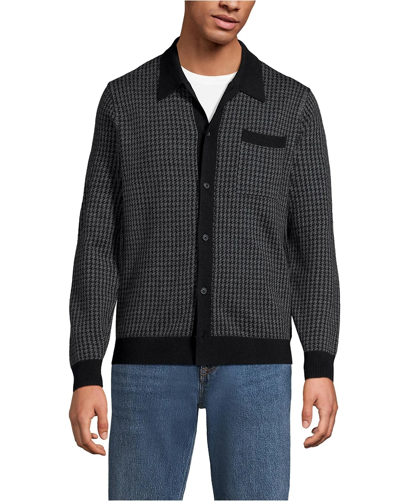 Lands' End Men's Long Sleeve Washable Merino Button Through Sweater Polo