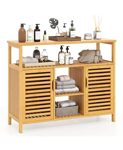 Gymax Bamboo Bathroom Cabinet 2-Door Storage Organizer w/ Shelves for Living Room