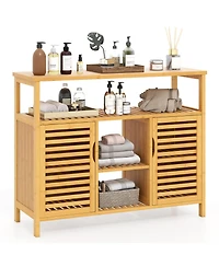 Gymax Bamboo Bathroom Cabinet 2-Door Storage Organizer w/ Shelves for Living Room