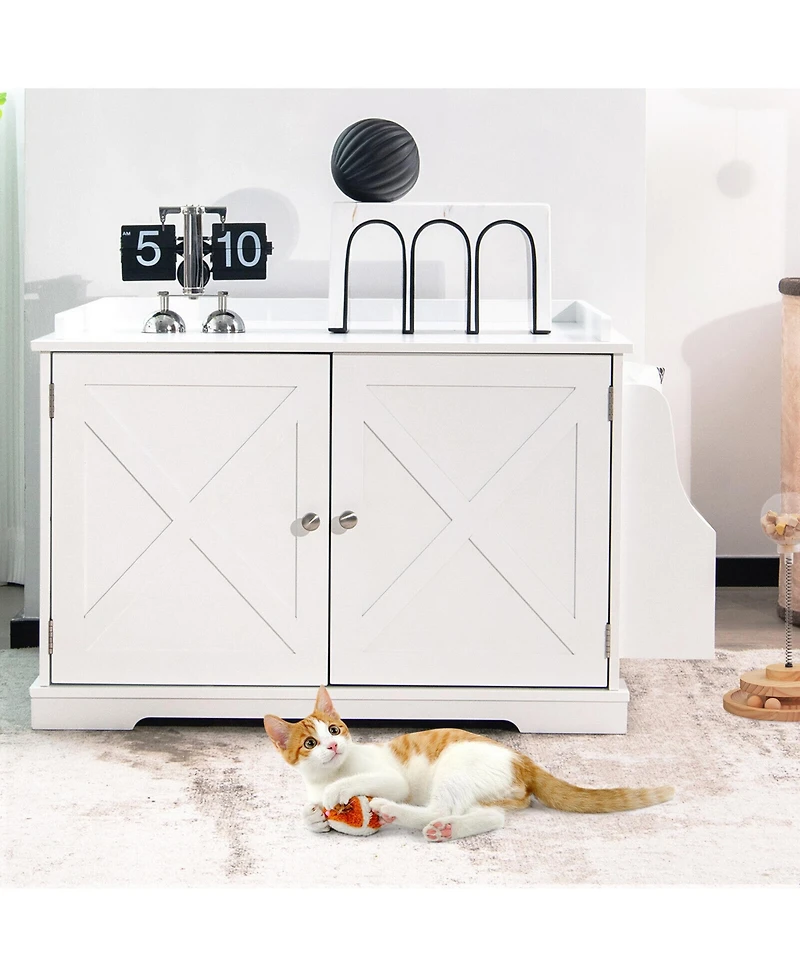 Gymax Large Side Table Furniture Wooden Cat Litter Box Enclosure Magazine Rack