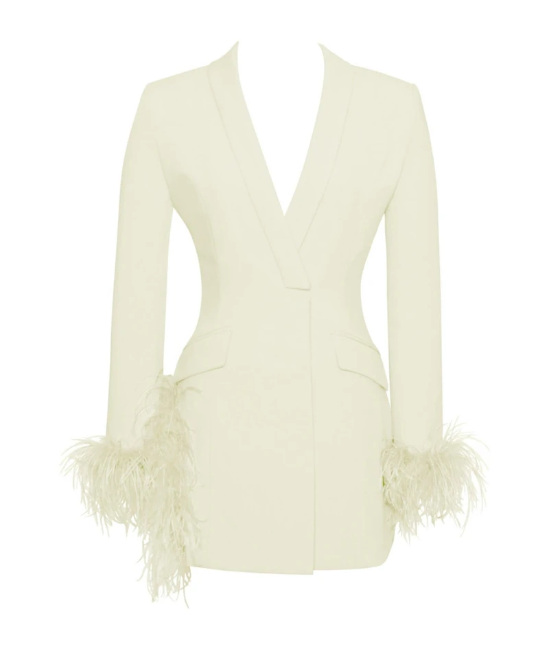 Miss Circle Women Madeline Pearl White Feather Trim Blazer Dress