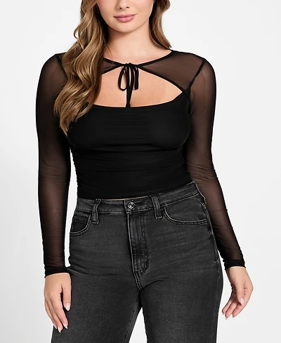 Guess Women's Lauryn Long Sleeve Tie Detail Mesh Top