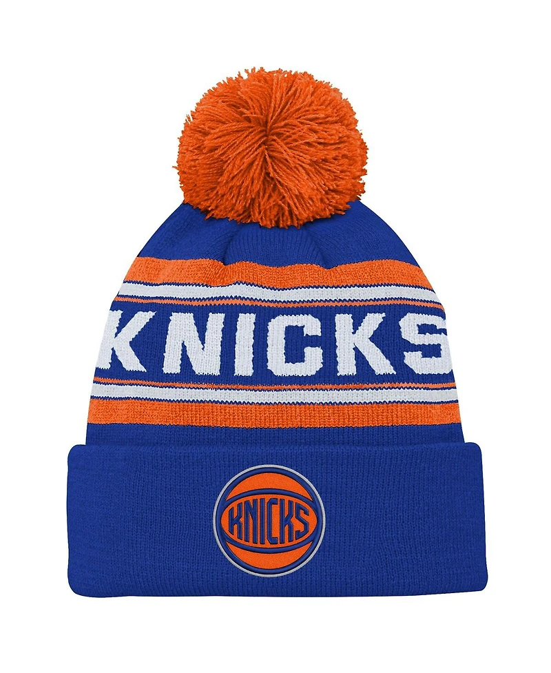 Outerstuff Big Boys and Girls Blue New York Knicks Backboard Jacquard Cuffed Pom with Knit Hat