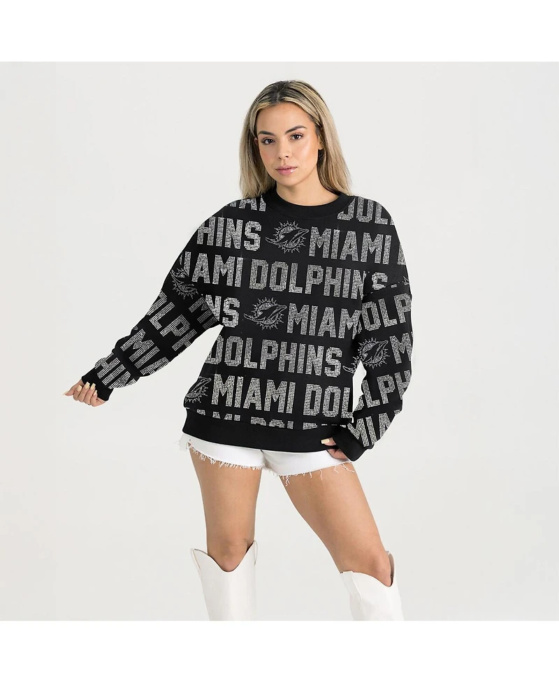 Gameday Couture Women's Black Miami Dolphins Relaxed Drop Shoulder Hype Era Rhinestone Text Sweatshirt