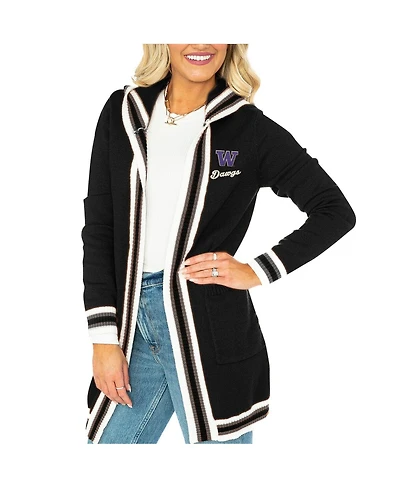 Gameday Couture Women's Black Washington Huskies Stripe Detail Tri-Blend Hoodie Cardigan Sweater