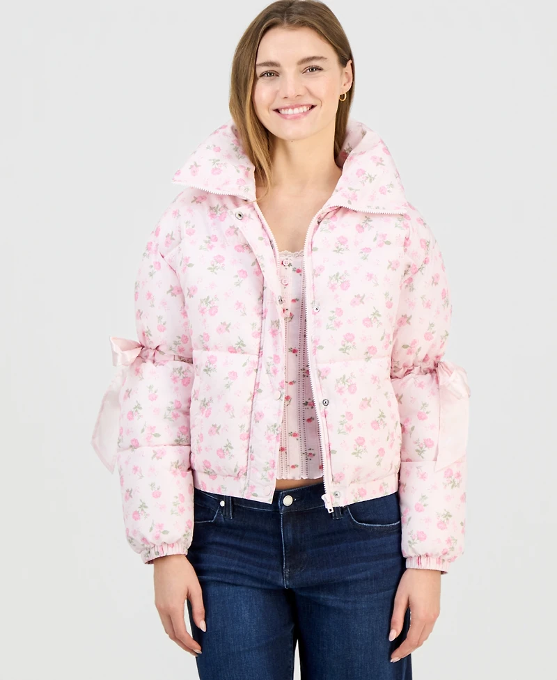Madden Girl Juniors' Printed Bow-Trim Puffer Jacket
