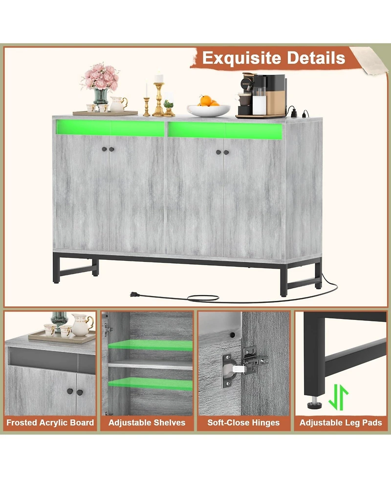 Ahaeaplus Storage Buffet Cabinet with Adjustable Shelves, Coffee Bar Charging Station, Led Light