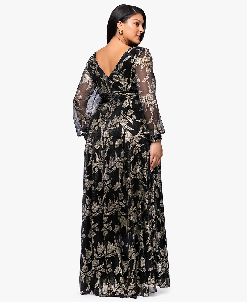 Betsy & Adam Plus Long Crinkle Sleeve A-Line Dress