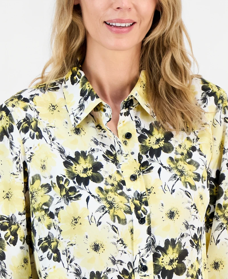 Kasper Women's Floral-Print Satin Button-Front Blouse