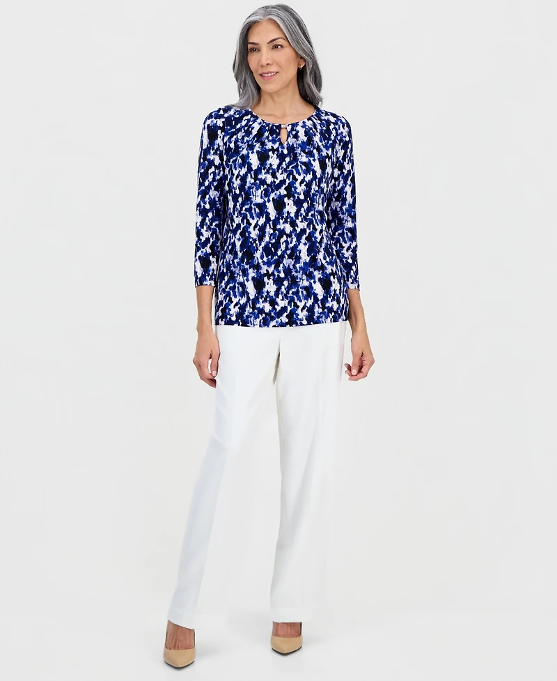 Kasper Women's Printed Pleat-Neck 3/4-Sleeve Top