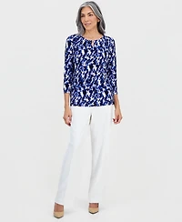 Kasper Women's Printed Pleat-Neck 3/4-Sleeve Top