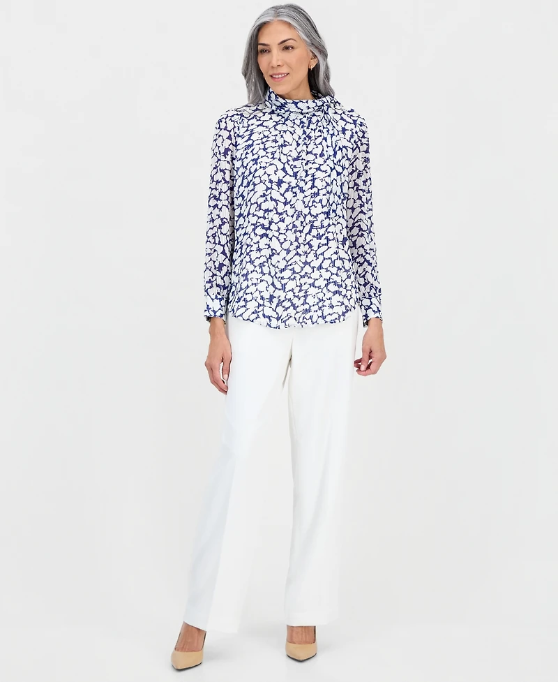 Kasper Women's printed High-Tie-Neck Long-Sleeve Blouse