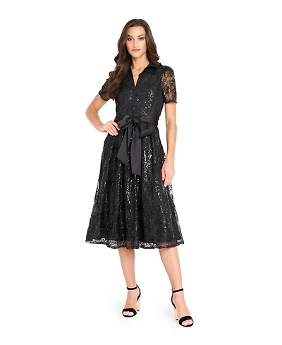 Tahari Asl Women's Collared V-Neck Sequin Dress