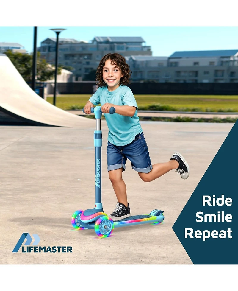 Lifemaster 3-Wheel Kids Scooter with Multi-Color Lights on Deck & Wheels – 5-Height Adjustable Handlebar, Wide Anti-Slip Deck, Child Safety Cer