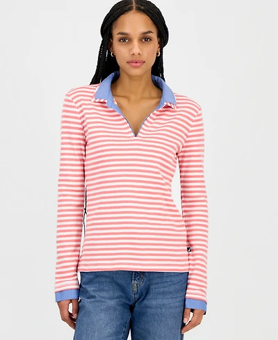 Nautica Jeans Women's Striped Double Collar Long Sleeve Cotton Shirt