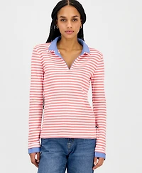 Nautica Jeans Women's Striped Double Collar Long Sleeve Cotton Shirt