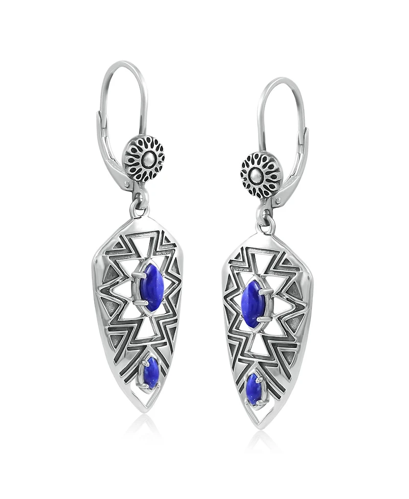American West Jewelry Sterling Silver Marquise Lapis Patterned Lever Back Earrings