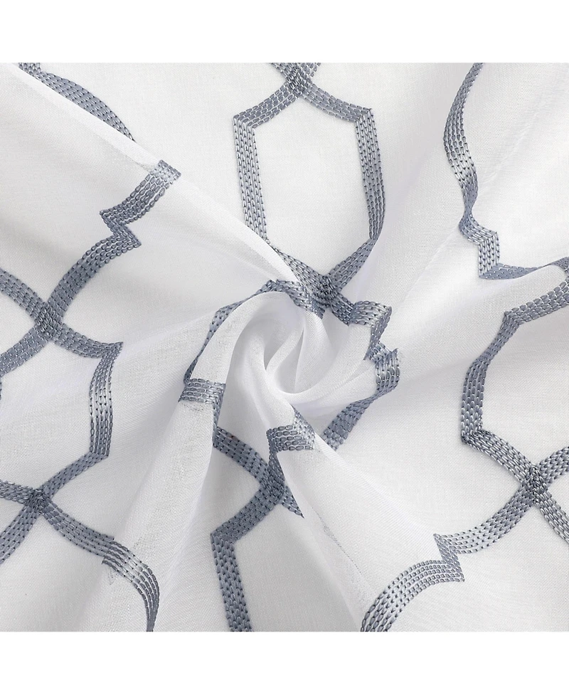 Kate Aurora Transcendence 1 Piece Grommet Top Embroidered Sheer Trellis Clover Window Curtain Panel - Silver