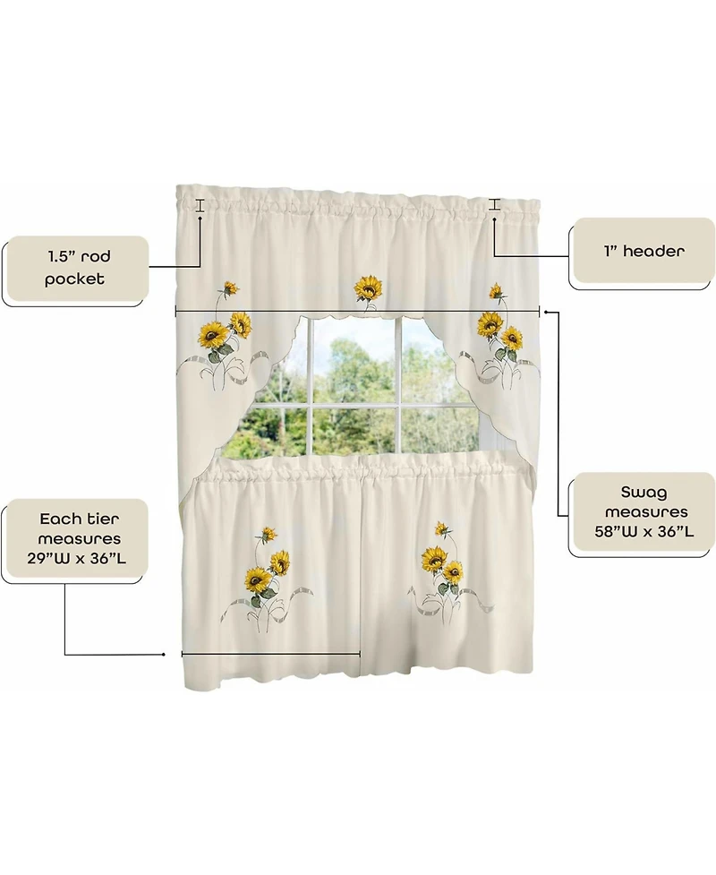 Kate Aurora 3 Piece Light Beige Country Farmhouse Sunflowers Kitchen Curtain Tier And Valance Set - 58 in. W x 36 in. L
