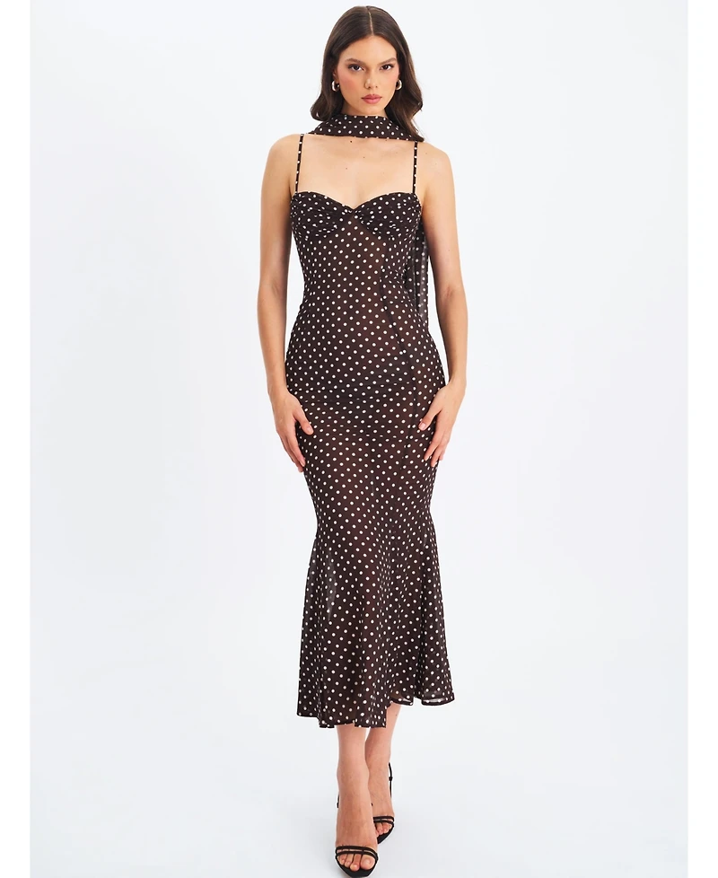 Miss Circle Women's Yadira Brown Base Polka Dot Chiffon Maxi Dress