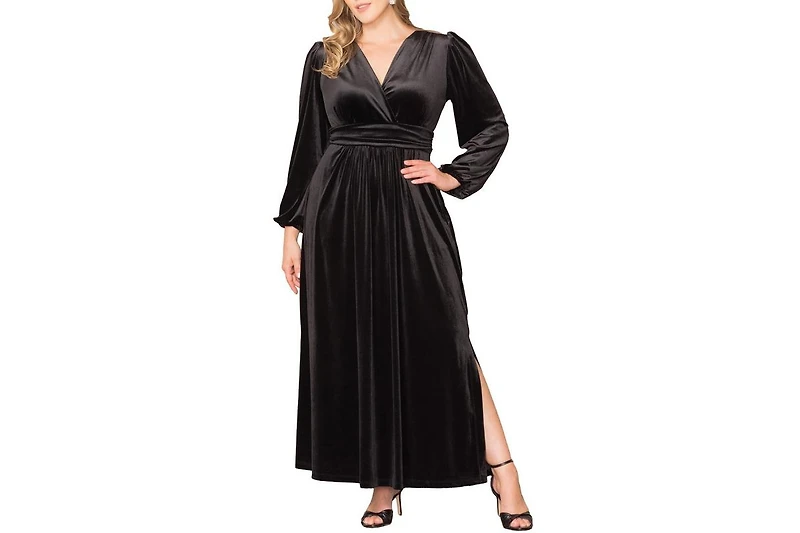 Kiyonna Plus Vivienne Long Sleeve Velvet Evening Gown with Pockets