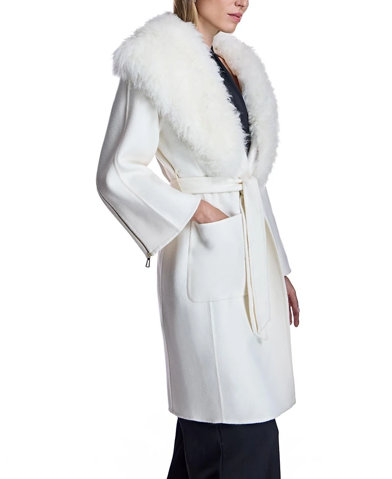 Julia & Stella by Maximilian Women's Wool Blend Belted Trim Coat