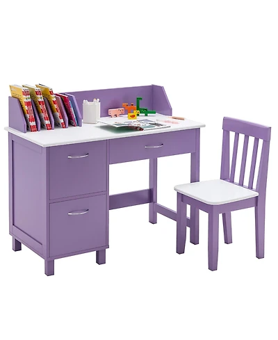 Costway Kids Wooden Study Desk & Chair Writing Table with Drawer Storage Cabinet