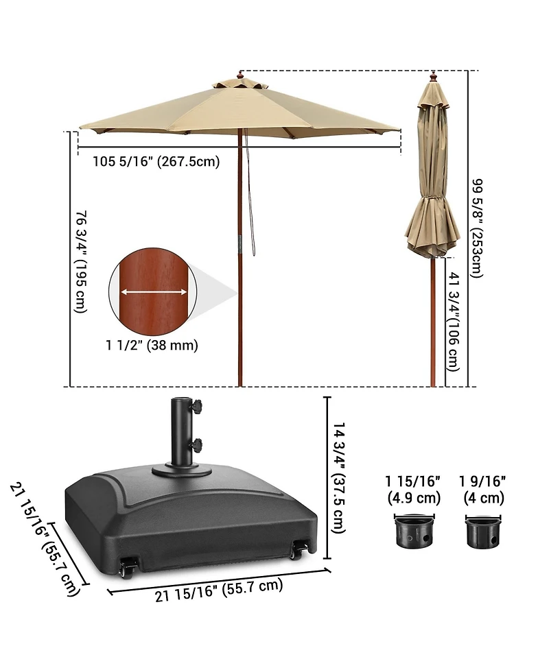 Yescom 9ft Solid Wood Outdoor Patio Umbrella with Base Included Parasol Wheels Stand for Bistro Market Garden Deck Yard Poolside Tan