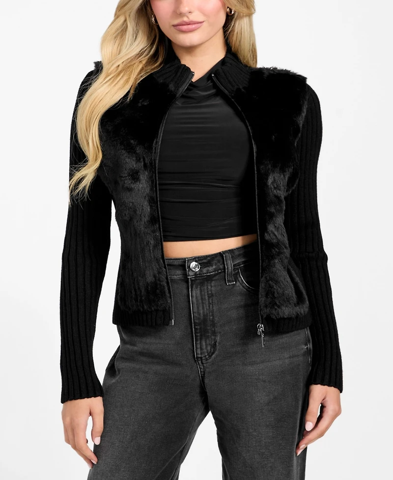 Guess Women's Mila Mixed Media Faux-Fur Zip-Front Cardigan