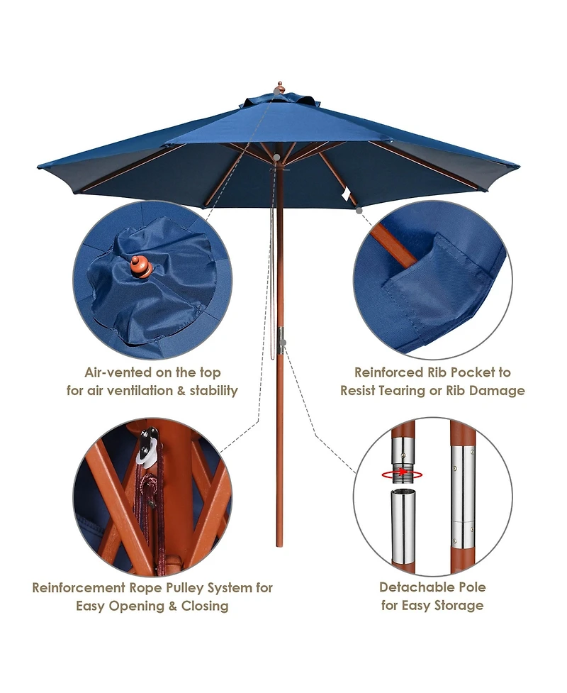 Yescom 9ft Solid Wood Outdoor Patio Umbrella with Base Included Parasol Wheels Stand for Bistro Market Garden Deck Yard Poolside Navy